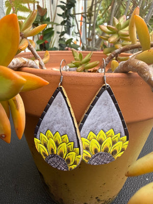 Sunflower Drops Dangle Painted Leather Earrings