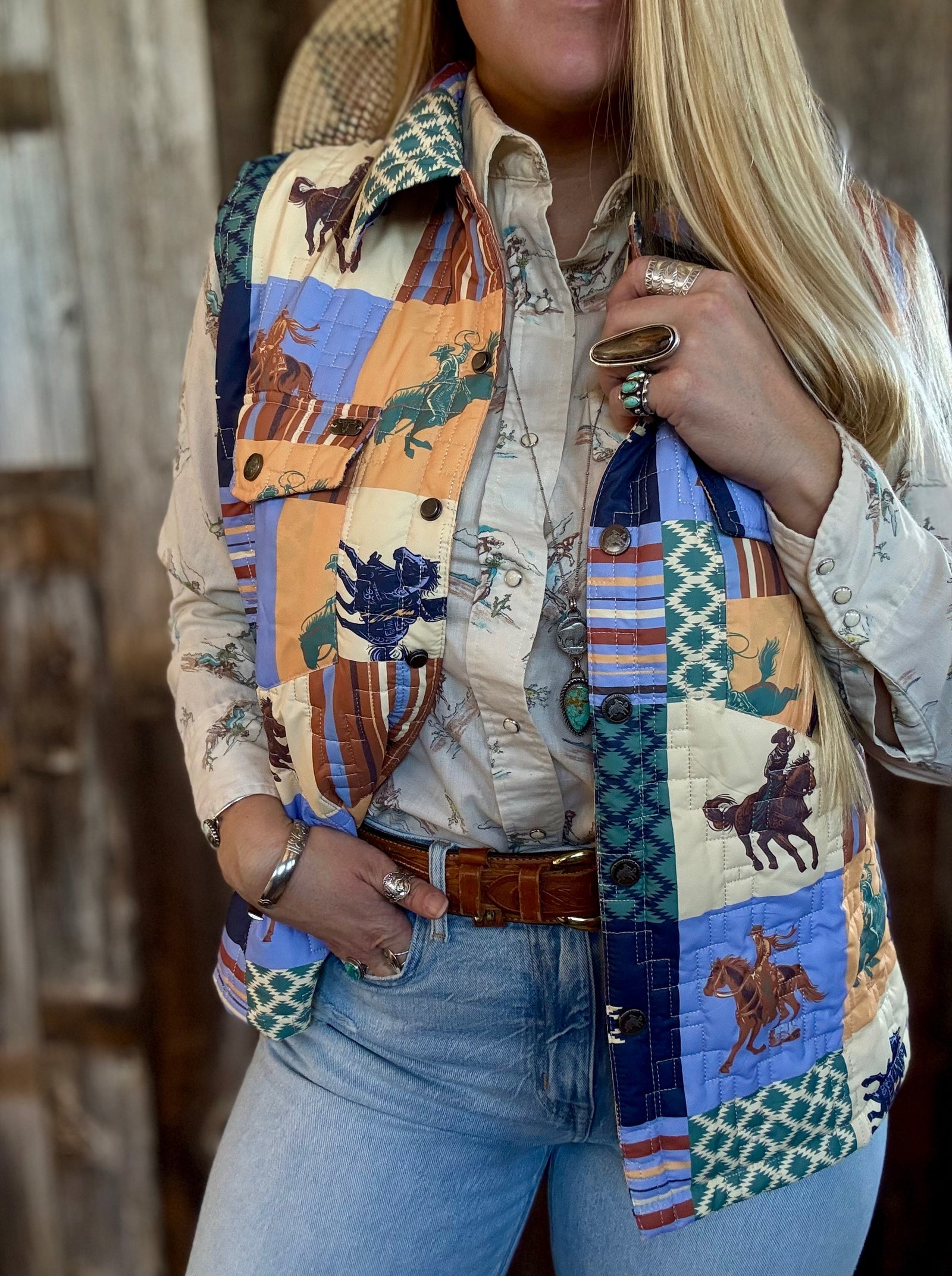 Saddle Up Patchwork Cowboy Printed Quilted Vest