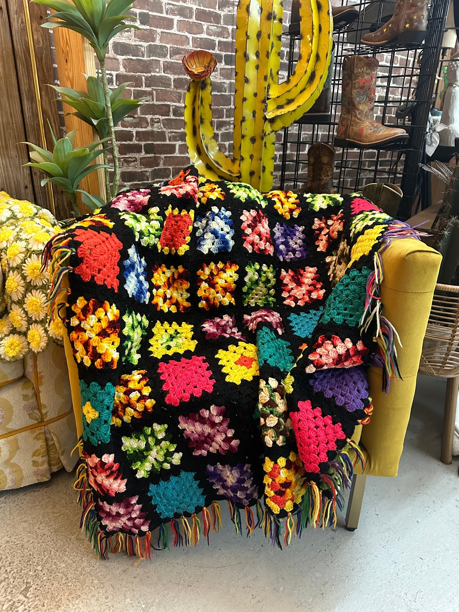 Vintage Grandmother's Handmade Crochet Afghan ~ Multi Color Granny Square Design