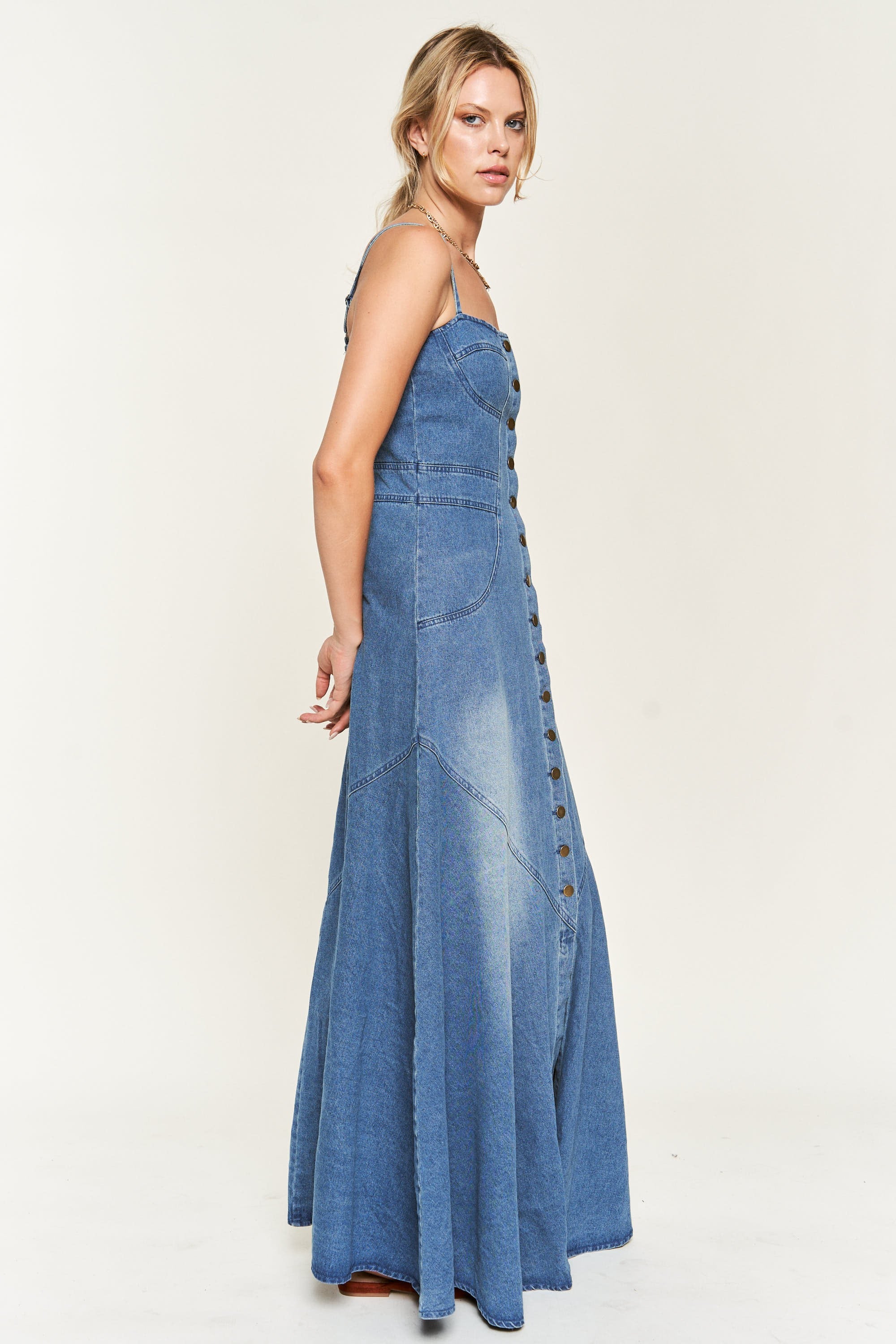 Right Down The Line Button Front Denim Maxi Dress