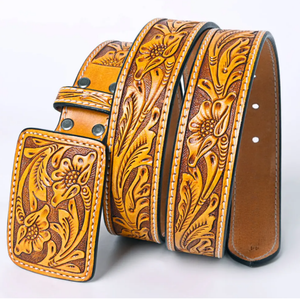 Golden Hour Tooled Floral Western Leather Belt w/ Rectangle Buckle