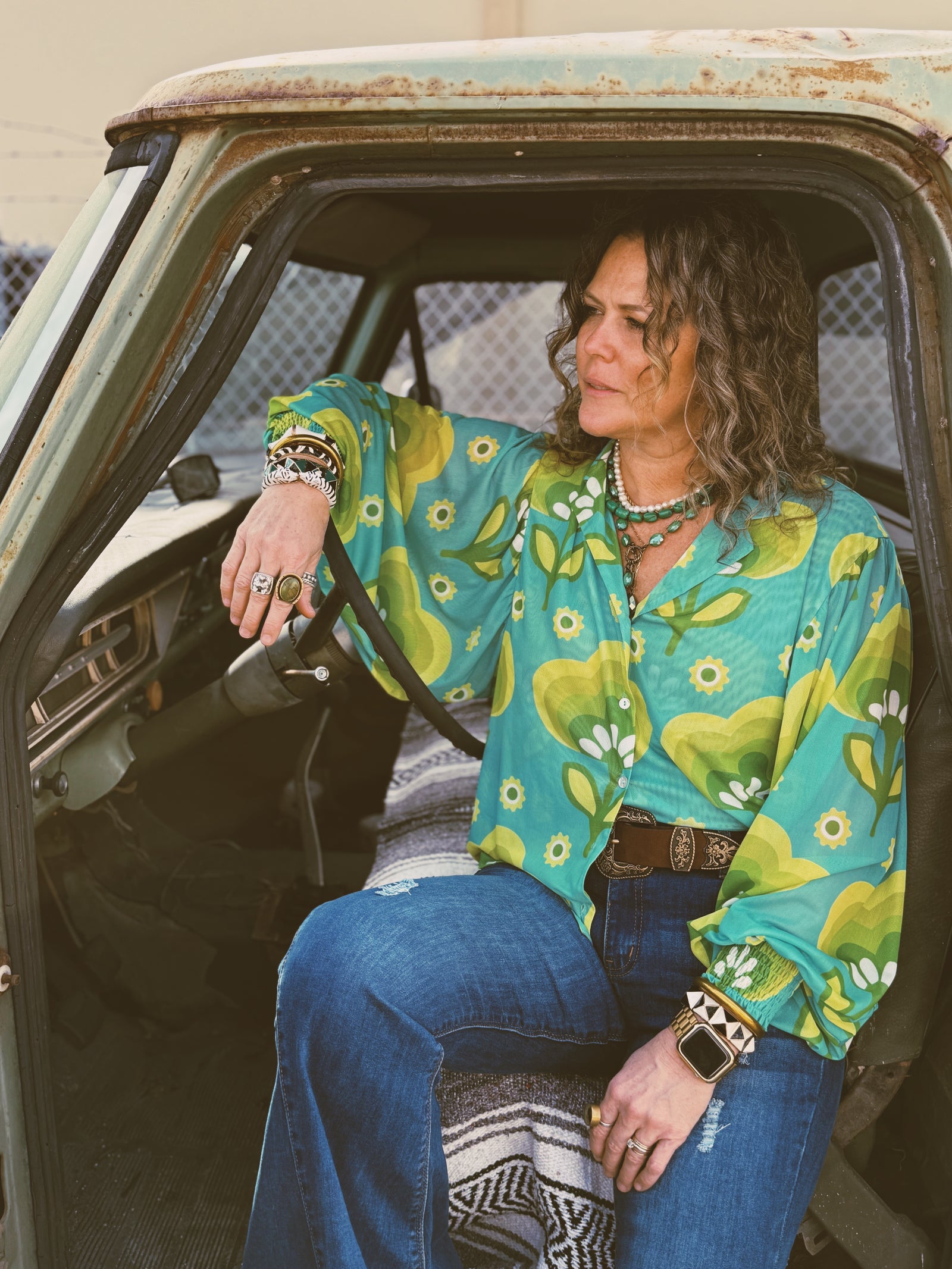 Casa Dega Mesh Balloon Sleeve Button Up Blouse