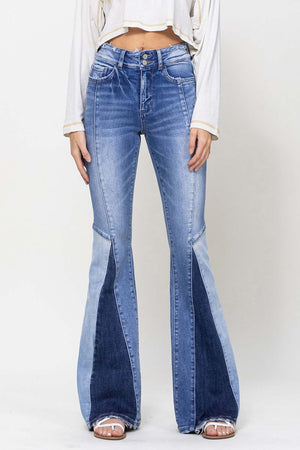 Take Me Back High Rise Patchwork Panel Denim Super Flare Jeans