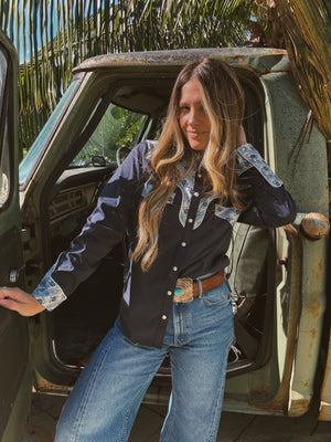 PREORDER John Wayne Western Pearl Snap Button Up Top In Denim Blue PREORDER MARCH/APRIL 2026