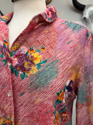 Devon Vintage Striped Floral Button Up Blouse - M/L 6/8/10
