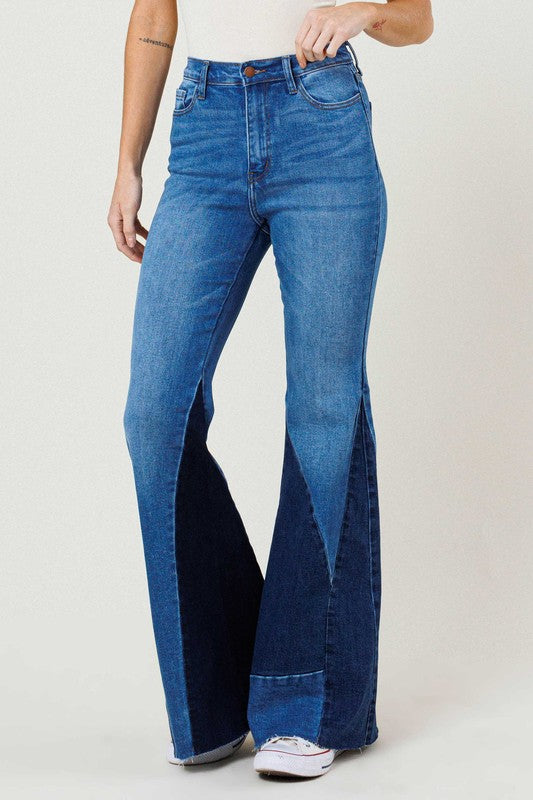 Queen Bee's Closet Funky Town Color Block Dark Wash Side Panel Flare Jeans - Sizes 9, 11 & 13