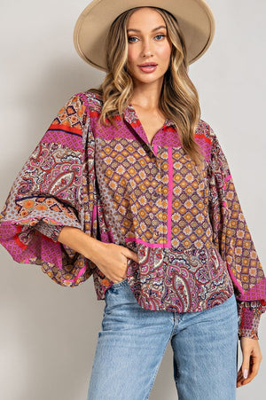 Boho Bliss Puff Sleeve Button Up Blouse