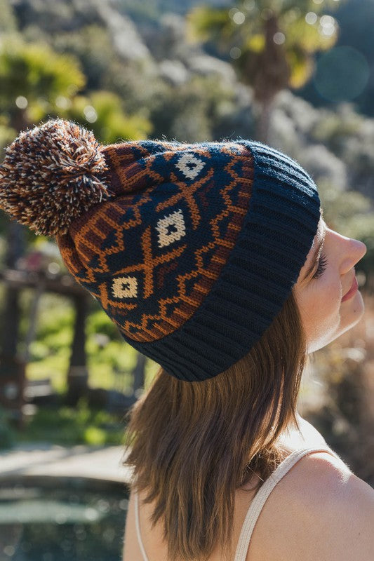 Aztec Print Knit Beanie With Pom Pom Women main image 4