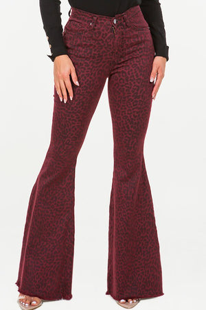 Spot Me Burgundy Leopard Print Bell Bottom Jeans ~ SAMPLE SALE