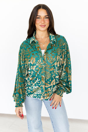 After Midnight Burnout Velvet Mesh Balloon Sleeve Button Up Blouse