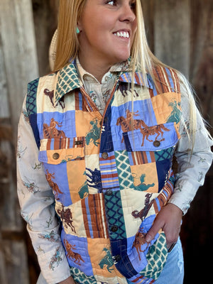 Saddle Up Patchwork Cowboy Printed Quilted Vest
