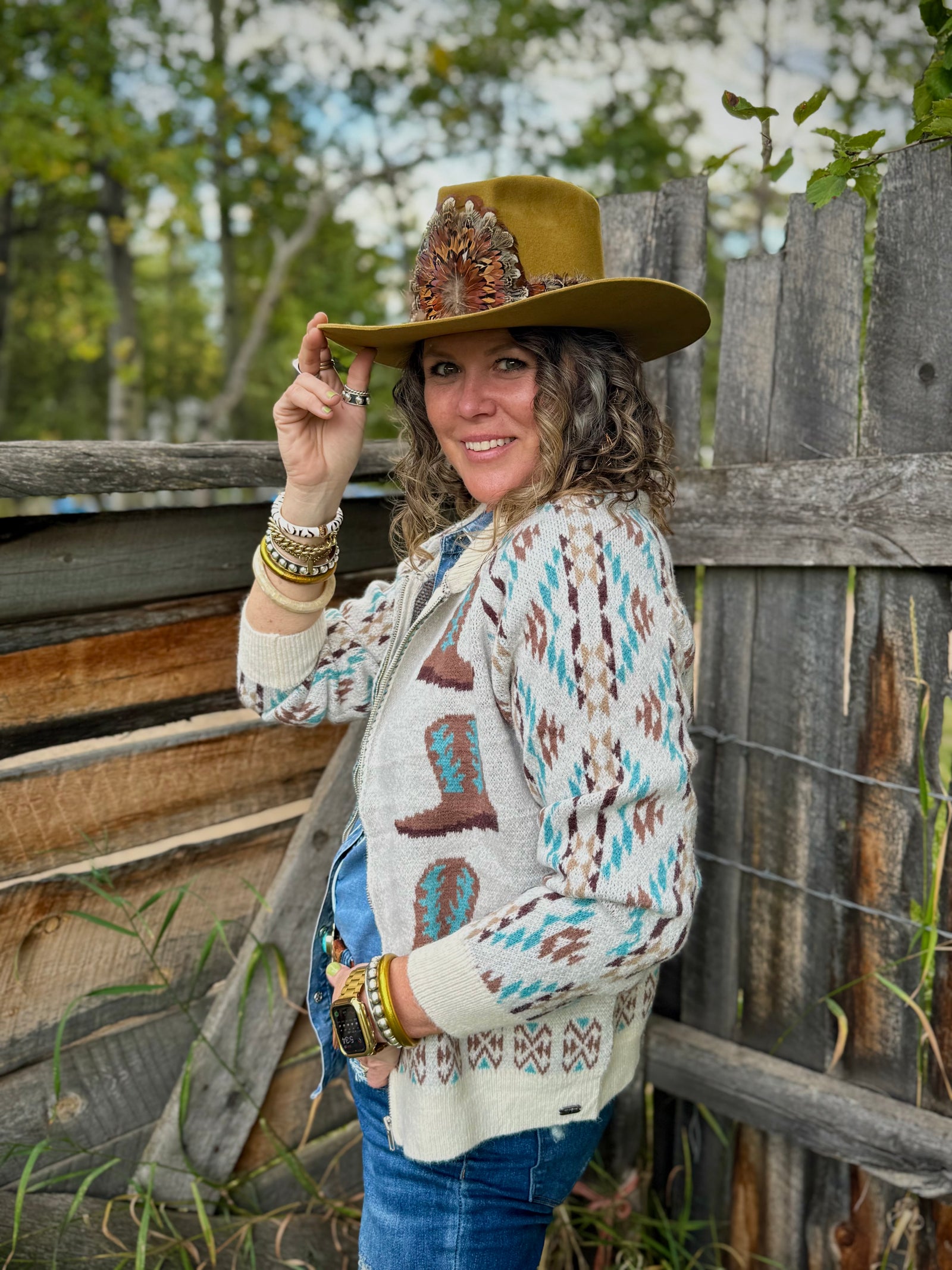 Boot Up Babe Zip Up Cowboy Boot Sweater