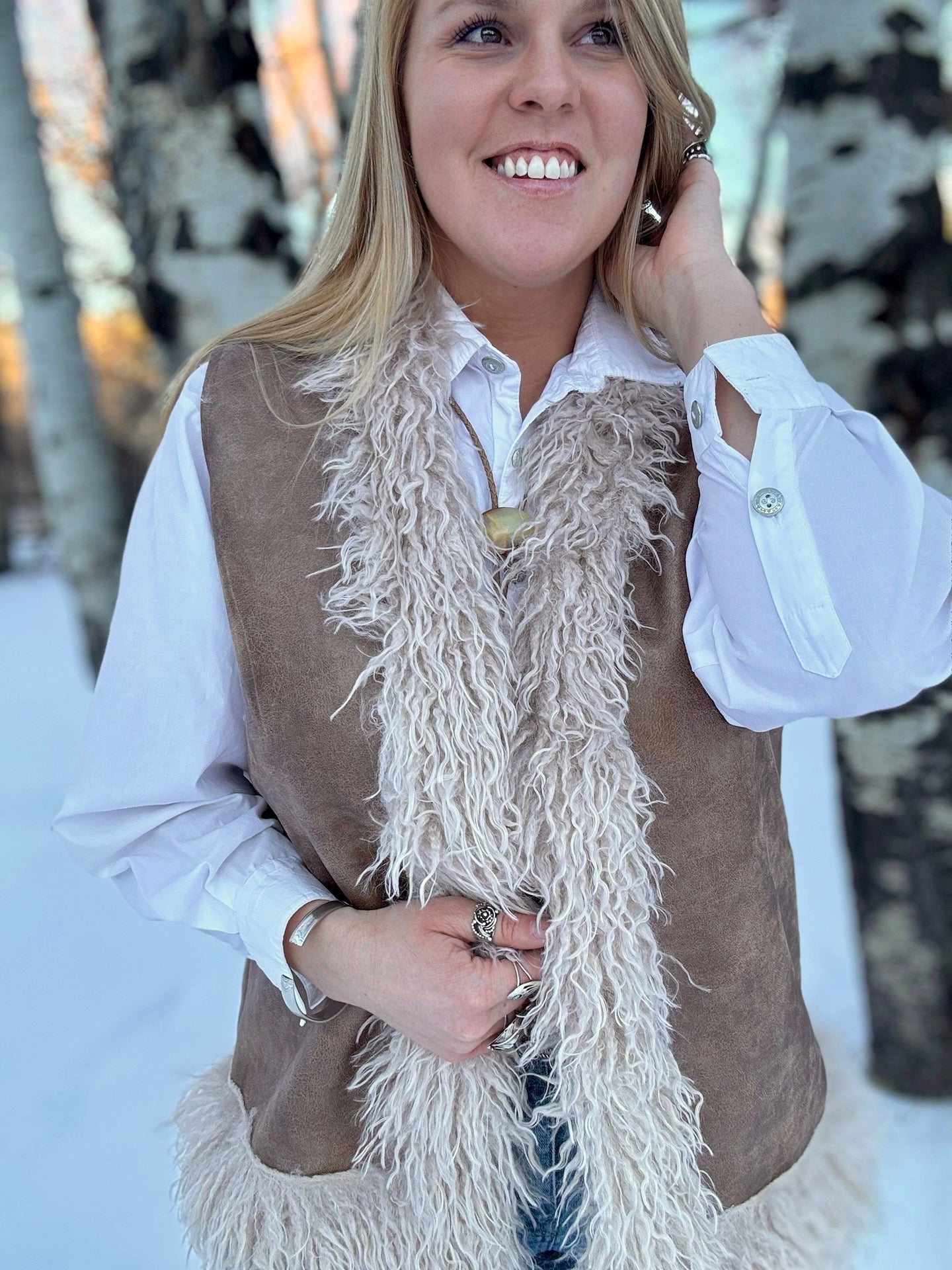 Cowboy Take Me Home Sherpa Suede Fur Trim Vest - Lil Bee's Bohemian