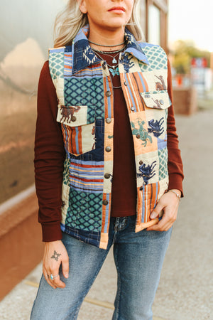 Saddle Up Patchwork Cowboy Printed Quilted Vest