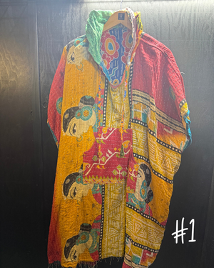 Eyes Of The World Handmade Reversible Kantha Quilt Poncho with Hoodie