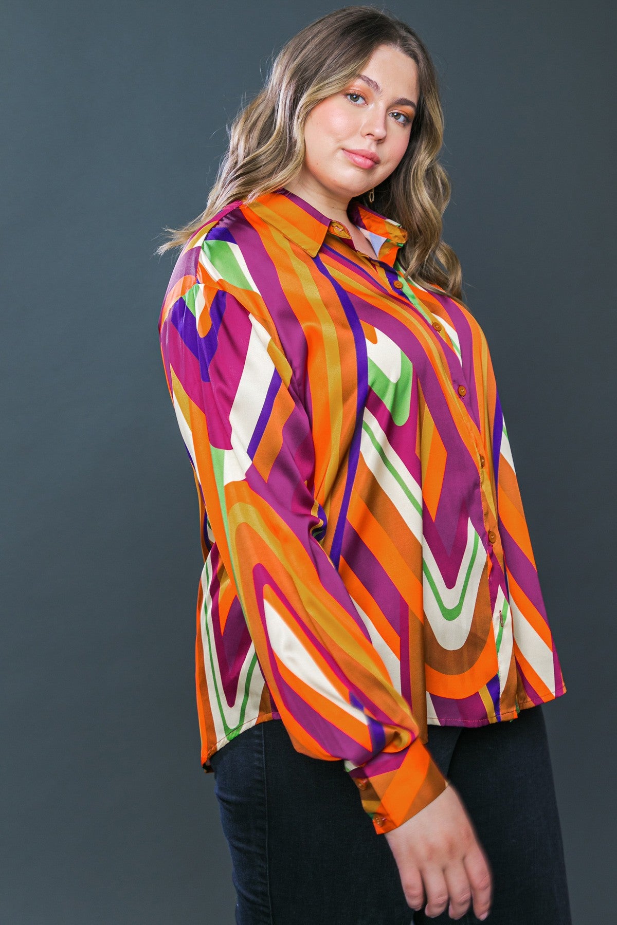Trouble in Shangri-La Retro Stripe Print Button Up Blouse