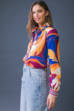 Here You Come Again Retro Print Button Up Blouse