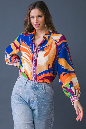 Here You Come Again Retro Print Button Up Blouse