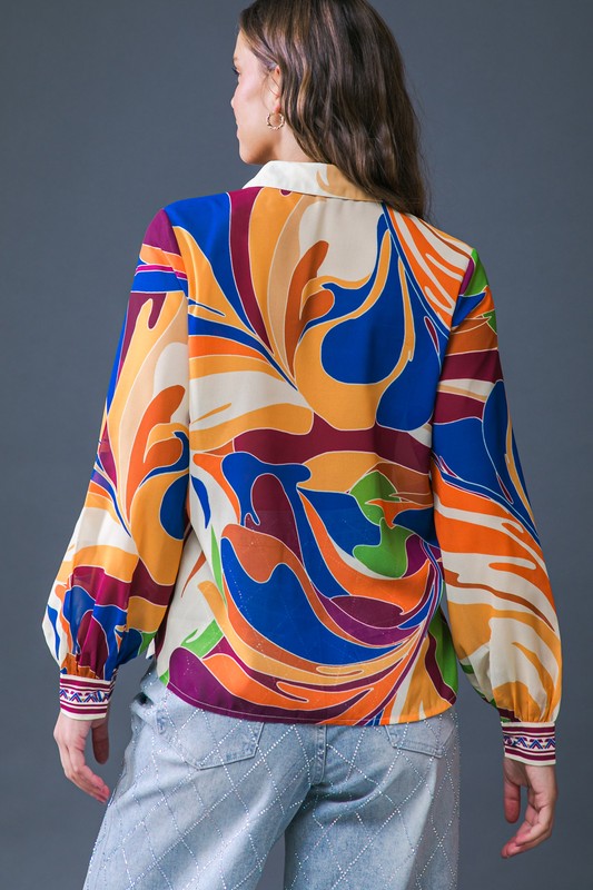 Here You Come Again Retro Print Button Up Blouse