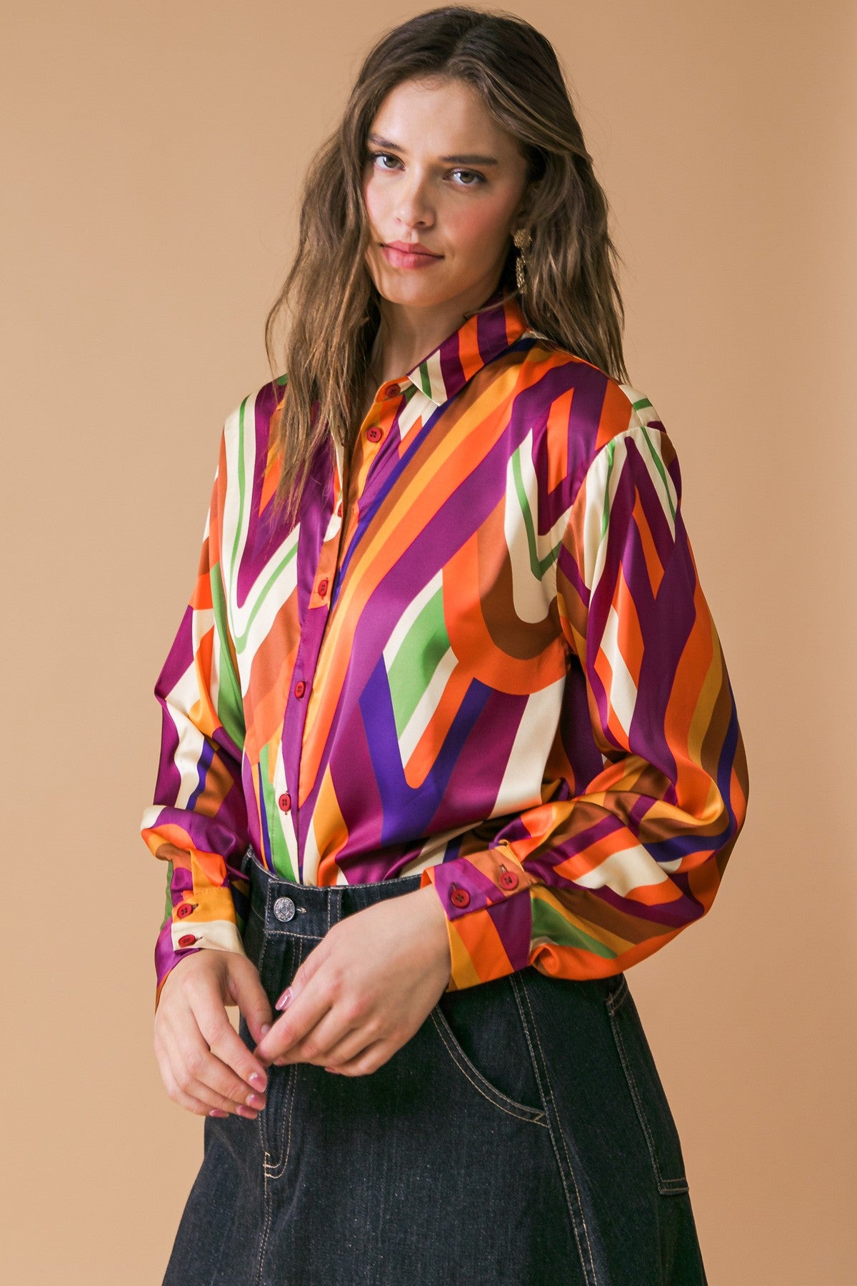 Trouble in Shangri-La Retro Stripe Print Button Up Blouse