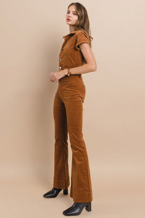 Lucky Charm Caramel Brown Corduroy Bell Bottom Flare Jumpsuit