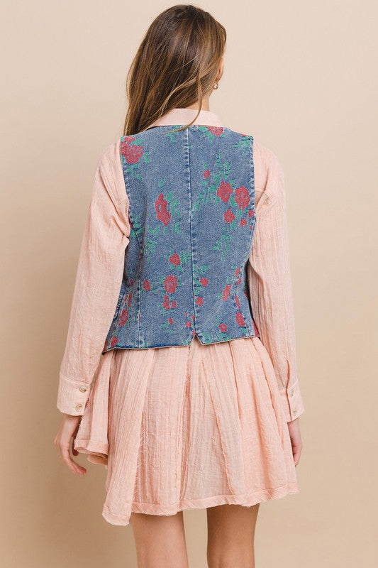 Love On The Mind Floral Embordered Denim Vest