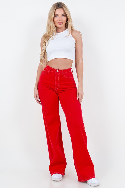 Pit Stop Cherry Red Denim Wide Leg Jeans