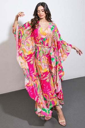 Neon Moon Retro Print Butterfly Sleeve Kaftan Dress