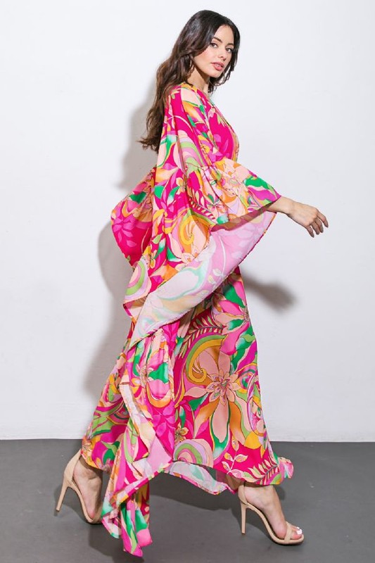 Neon Moon Retro Print Butterfly Sleeve Kaftan Dress