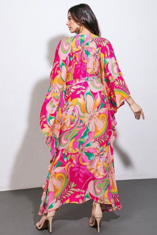 Neon Moon Retro Print Butterfly Sleeve Kaftan Dress