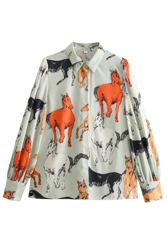 Off To The Races Horse Print Blouse PREORDER DECEMBER 2025