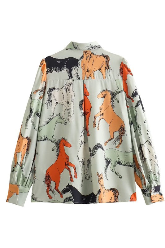 Off To The Races Horse Print Blouse PREORDER DECEMBER 2025