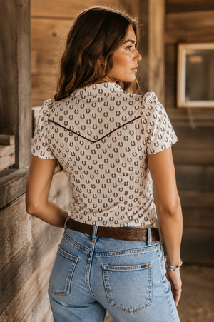 Lucky Lady Horse Shoe Printed Puff Sleeve Blouse