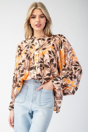 Fall Breeze Bubble Sleeve Button Up Blouse