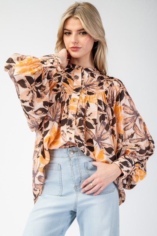 Fall Breeze Bubble Sleeve Button Up Blouse