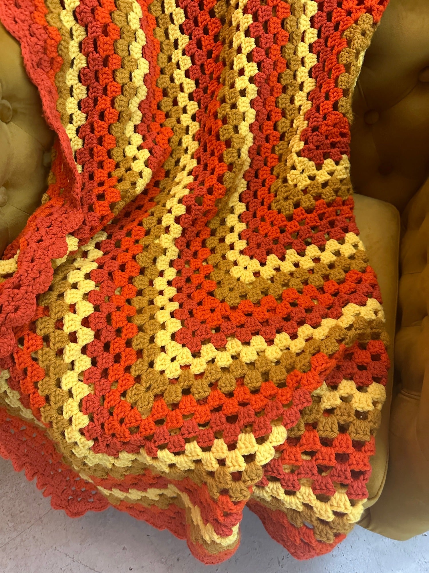 Vintage Grandmother's Handmade Crochet Afghan ~ Multi Orange Mix Square Design