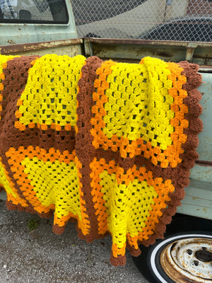 Vintage Grandmother's Handmade Crochet Afghan ~ Bright Orange/Brown/Yellow Jumbo Granny Square Design