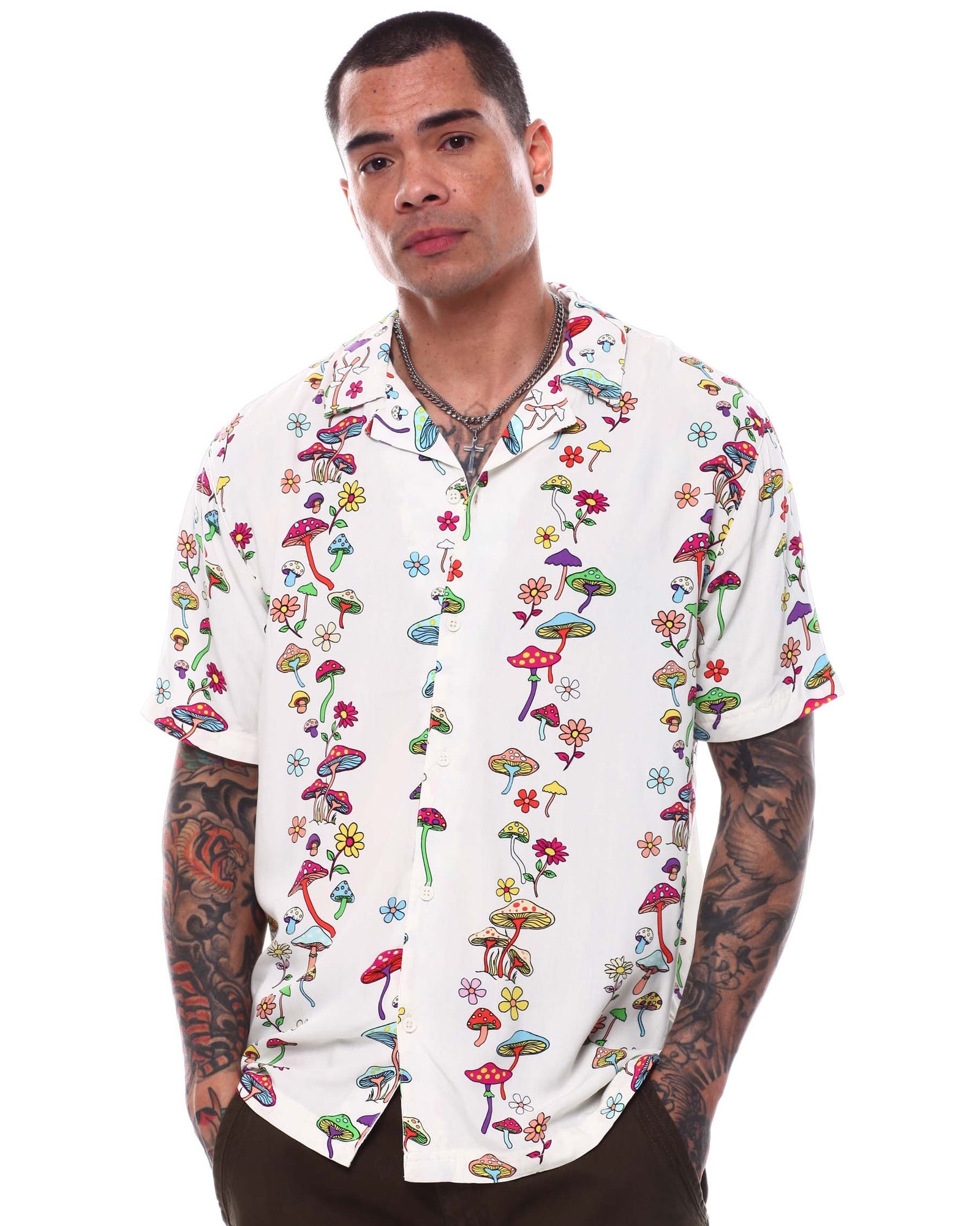 Sample In A Jar Multicolor Mushroom Print Button Up Short Sleeve Shirt