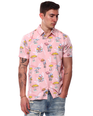 Bouncing Around The Room Pink Mushroom Print Button Up Short Sleeve Shirt