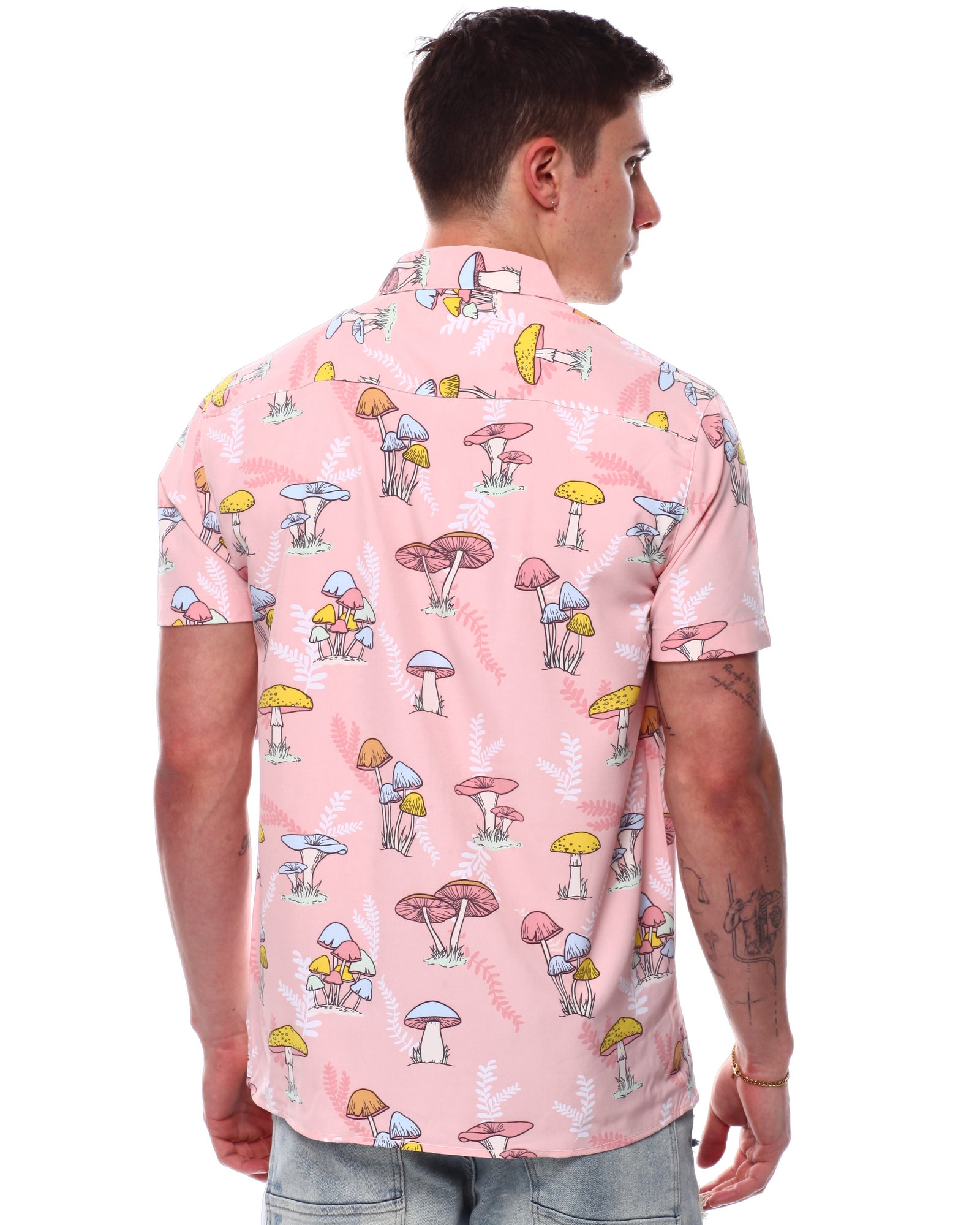 Bouncing Around The Room Pink Mushroom Print Button Up Short Sleeve Shirt
