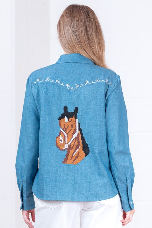 Stallion Stitch Horse & Denim Button Up Top
