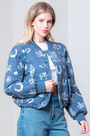 High Noon Western Print Quilted Bomber Jacket