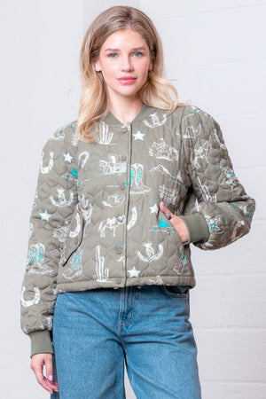 High Noon Western Print Quilted Bomber Jacket