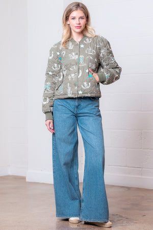 High Noon Western Print Quilted Bomber Jacket