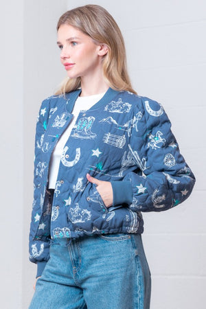 High Noon Western Print Quilted Bomber Jacket