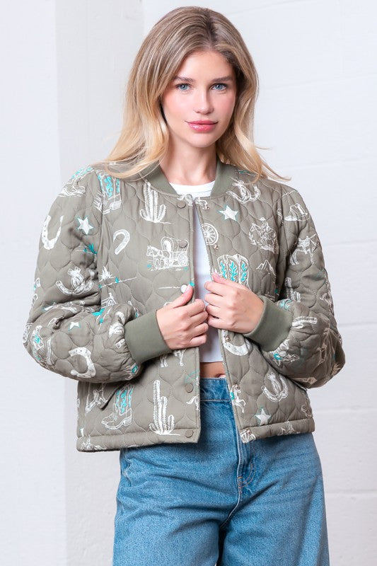 High Noon Western Print Quilted Bomber Jacket