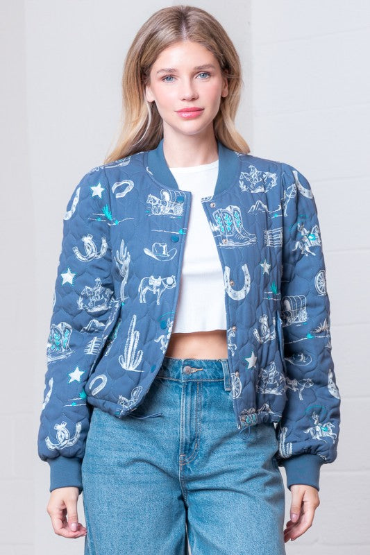 High Noon Western Print Quilted Bomber Jacket