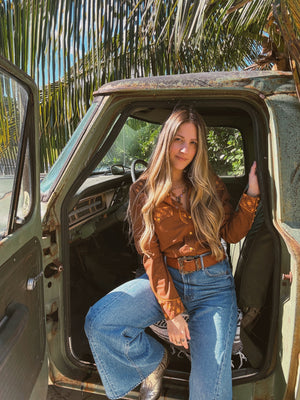 PREORDER John Wayne Western Pearl Snap Button Up Top In Brown PREORDER MARCH/APRIL 2026