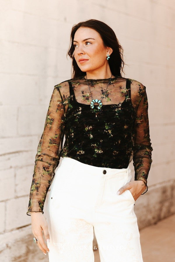 Hidden Gem Floral Camo Mesh Top
