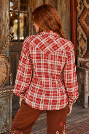 Rustic Ruby Plaid Pearl Snap Western Top